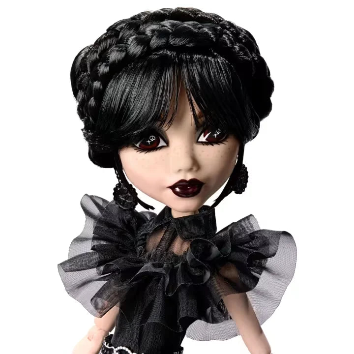 Closeup of Rave’N Wednesday doll with braided hair and gothic makeup – Ireland