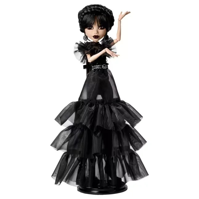 Full view of Rave’N Wednesday doll in black layered gown and stand – Ireland