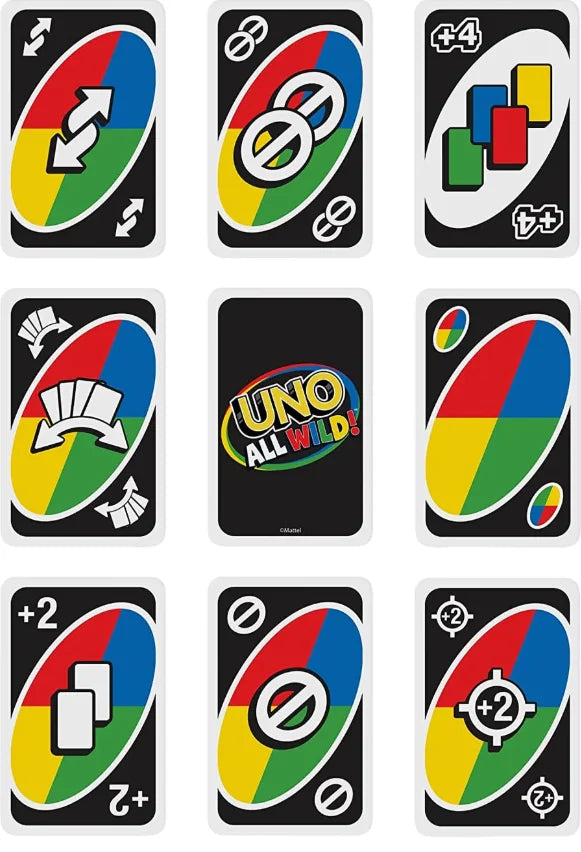Assorted UNO All Wild cards laid out showing symbols and wild effects – Ireland