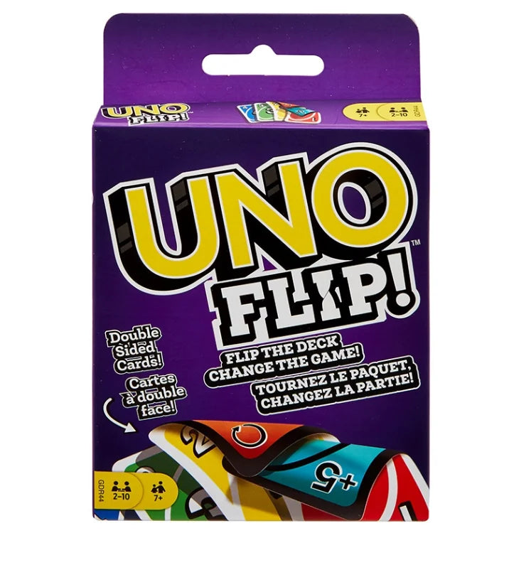 Mattel UNO Flip card game box with dual-sided card illustration – Ireland