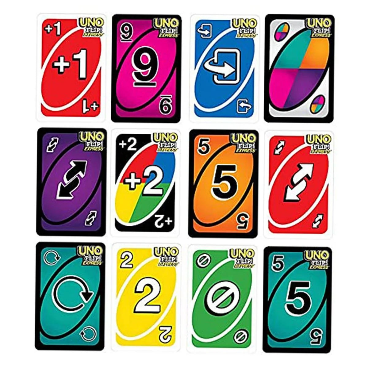 Laid-out cards showing UNO Flip Express light and dark deck styles – Ireland