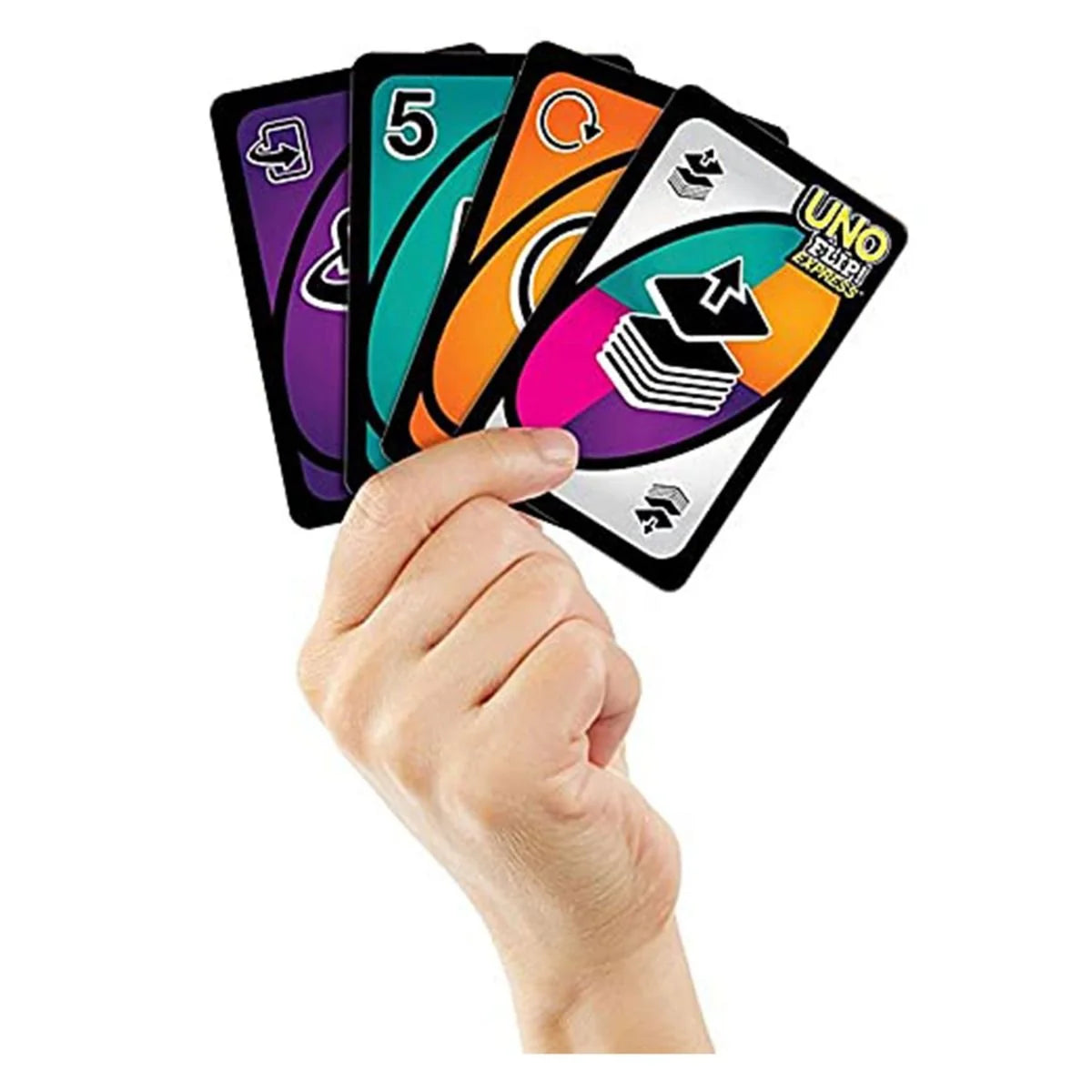 Hand holding UNO Flip Express cards from dark deck variant – Ireland