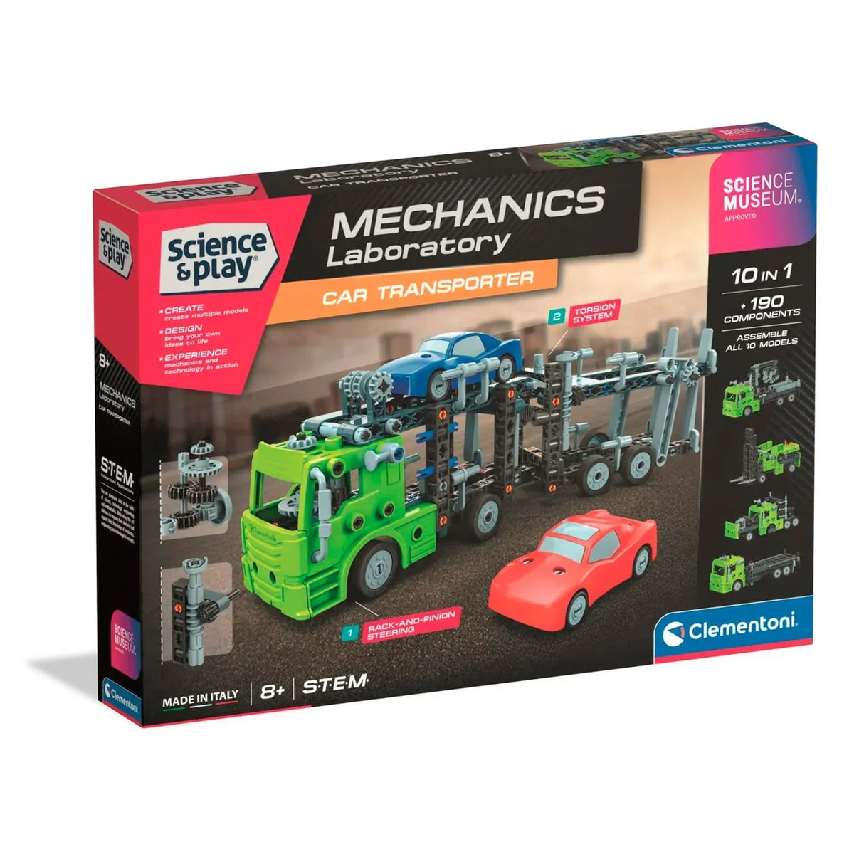 Side packaging view of the Science Museum Mechanics Car Transporter construction kit with included parts illustrated in Ireland