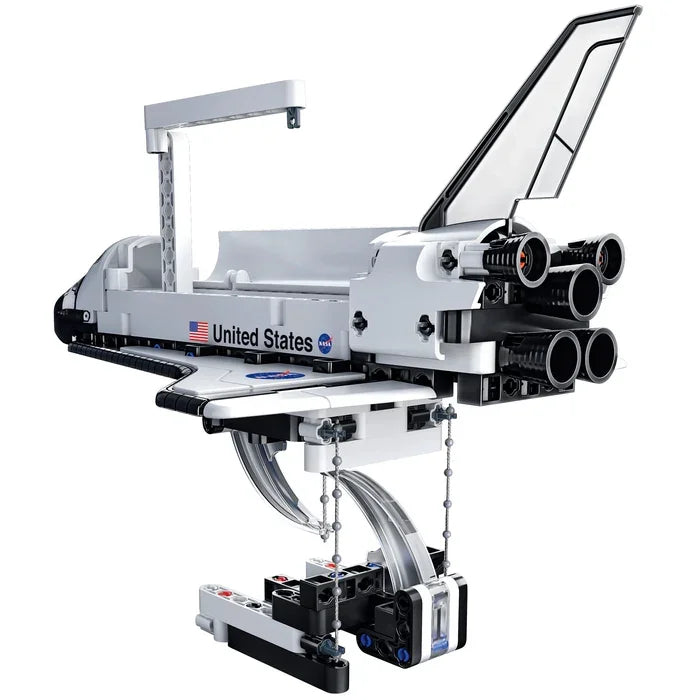 Rear view of Clementoni Mechanics NASA Floating Shuttle model showing open cargo bay and engines in Ireland