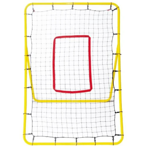Front view of a mega rebounder hurling skills net with a rectangular frame, taut mesh netting and a clearly marked central target area