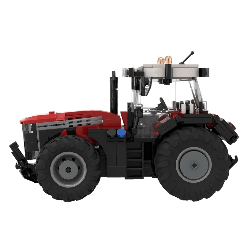 BRIXIES Plus Massey Ferguson 9S tractor model in left side profile showing the red bonnet, enclosed cab, front linkage and large rear tyres