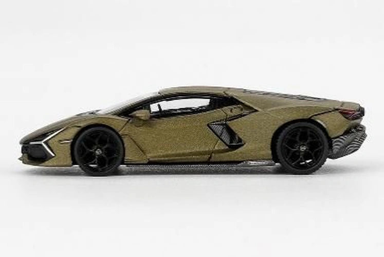 Side profile of Mini GT Lamborghini Revuelto Verde Gea Matte showing the low wedge shaped body, black multi spoke wheels, angular side air intake and rear bodywork