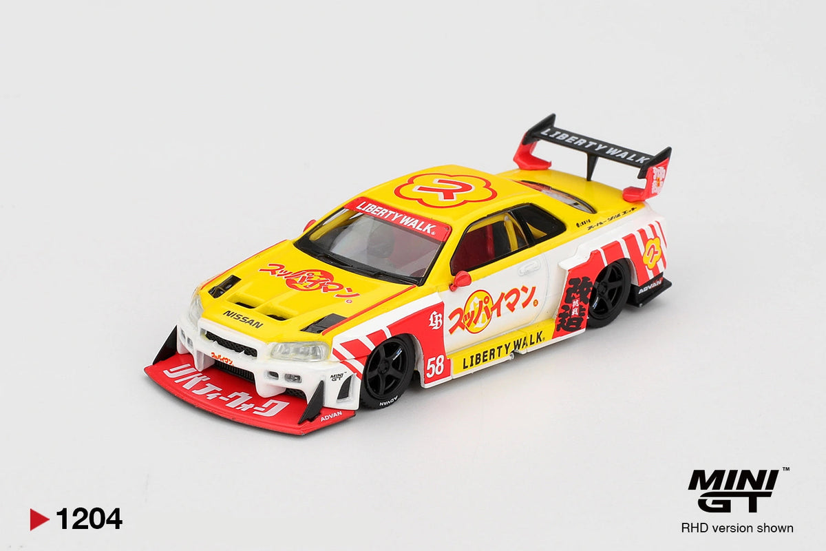 Mini GT Nissan LB-ER34 Skyline Suppaiman Okinawa front three quarter view showing the yellow bonnet with Japanese graphics, red front splitter, wide wheel arches, number 58 markings and black wheels