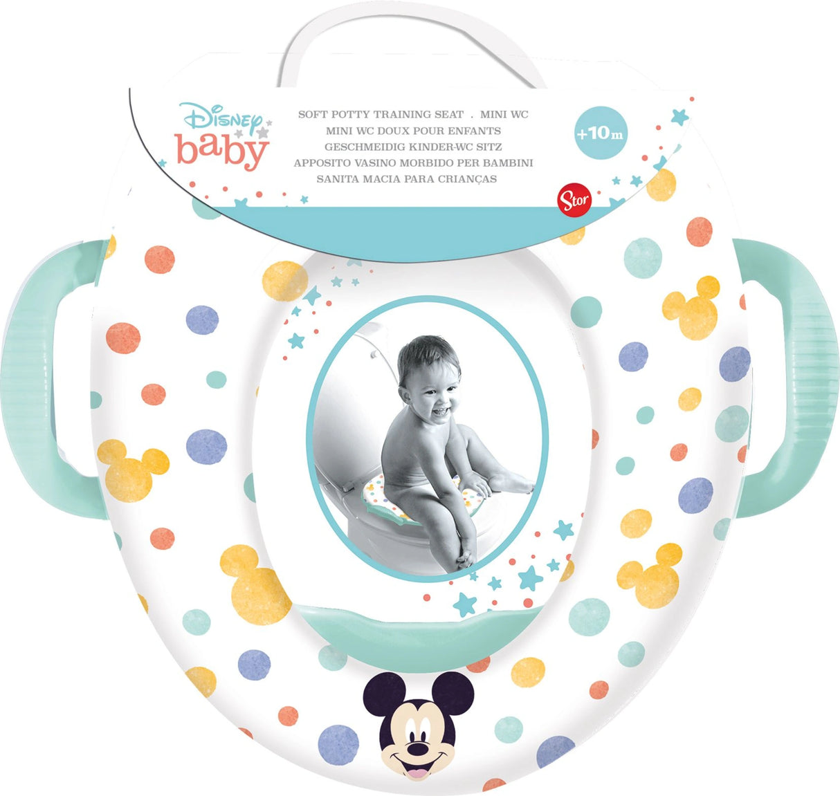 Mickey Mouse toilet trainer retail packaging showing cushioned training seat with side handles, colourful polka dot pattern, Mickey Mouse face, and product branding