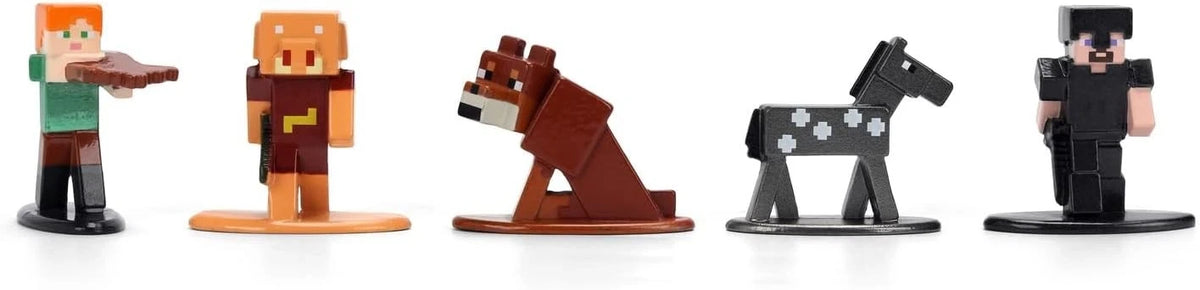 Five Minecraft Nano MetalFigs on display bases, showing Alex holding a brown item, a Piglin, a brown horse, a black horse with white markings and a black-clothed figure.