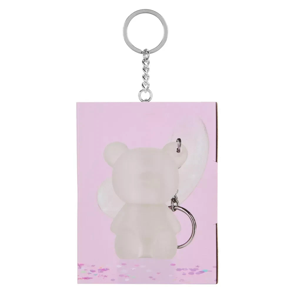 Mini Glam bear shimmer lotion keyring shown attached to pink side packaging