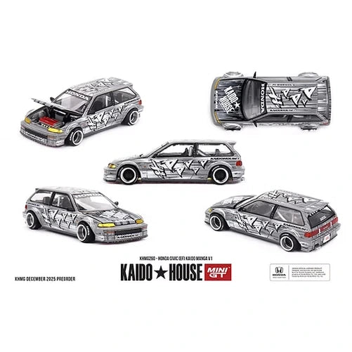 Mini GT Honda Civic EF Kaido Manga V1 shown from five angles with front, side, rear and overhead views