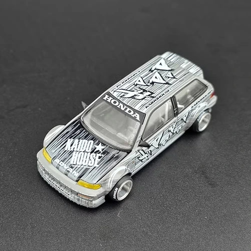 Mini GT Honda Civic EF Kaido Manga V1 overhead front view showing Kaido House bonnet, roof and side graphics