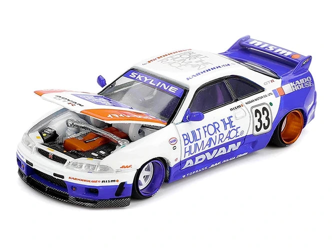 Mini GT x Kaido House Nissan Skyline GT-R R33 BFTHR V1 front three-quarter view with bonnet open showing the engine detail
