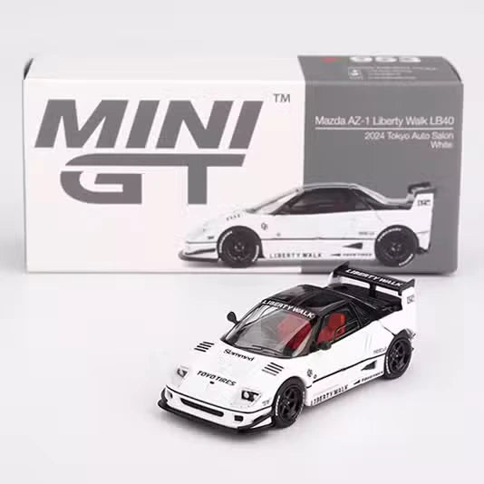 Mini GT Mazda AZ-1 Liberty Walk LB40 Tokyo Auto Salon 2024 displayed in front of its Mini GT retail box