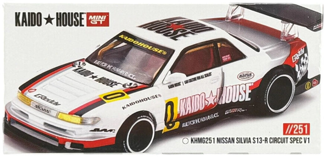 Mini GT Nissan Silvia S13-R Circuit Spec V1 box artwork showing the white race number 0 model and KHMG251 reference