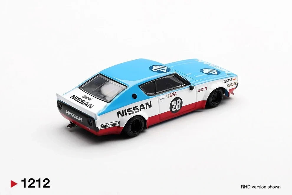 Rear three quarter view of Mini GT Nissan Skyline Kenmeri Liberty Walk Nissan Racing '75 Concept RHD showing the rear spoiler, round tail lights, Nissan branding, black wheels and number 28 racing graphics