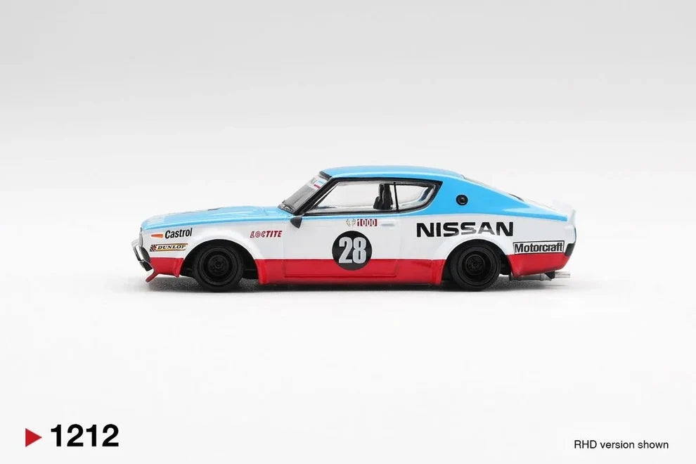 Side profile of Mini GT Nissan Skyline Kenmeri Liberty Walk Nissan Racing '75 Concept RHD showing white Nissan lettering, blue roof, red lower bodywork, black wheels and sponsor decals
