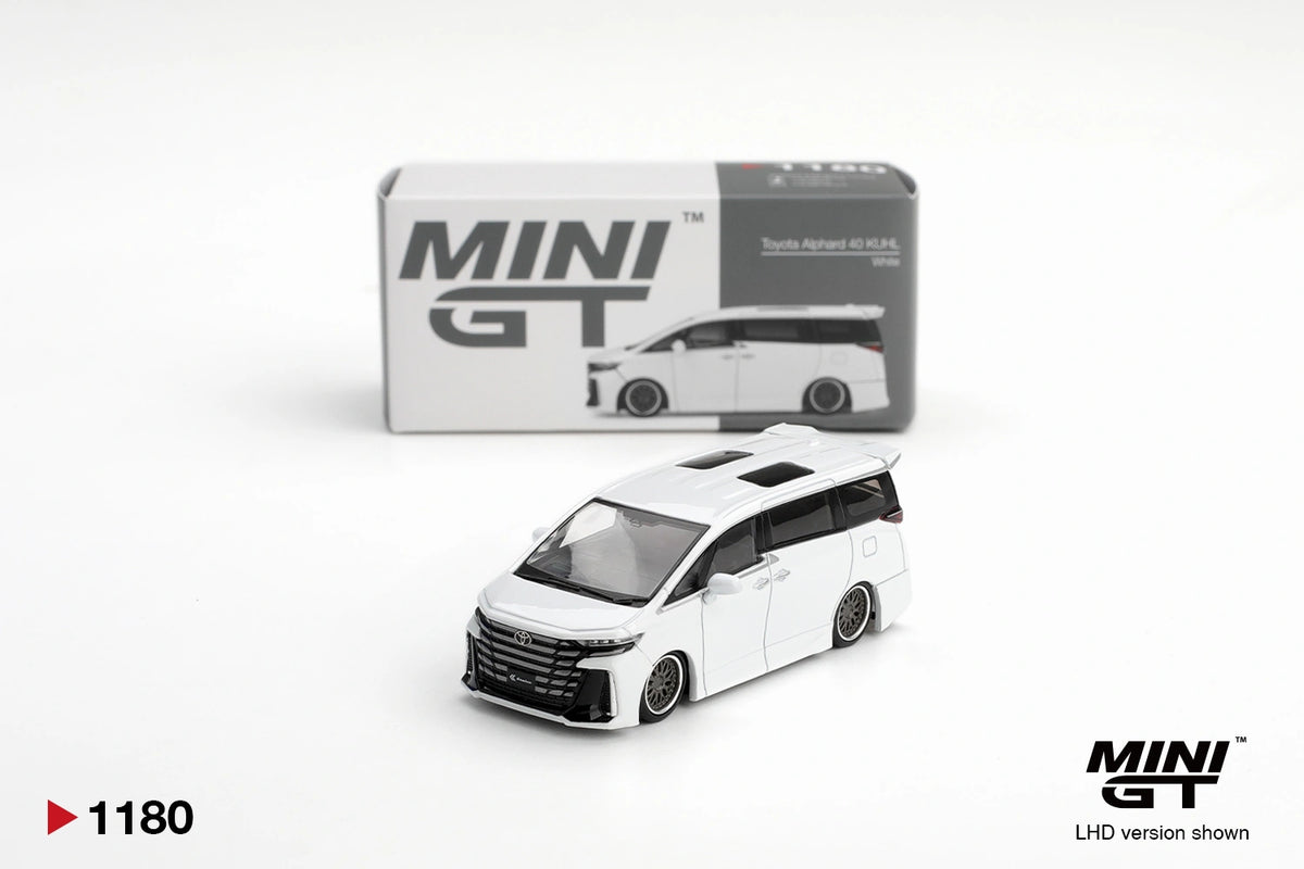 Mini GT Toyota Vellfire 40 KUHL White 1:64 diecast model shown from the front with its collector box, black grille and custom wheels. Promotional image labelled LHD version shown.