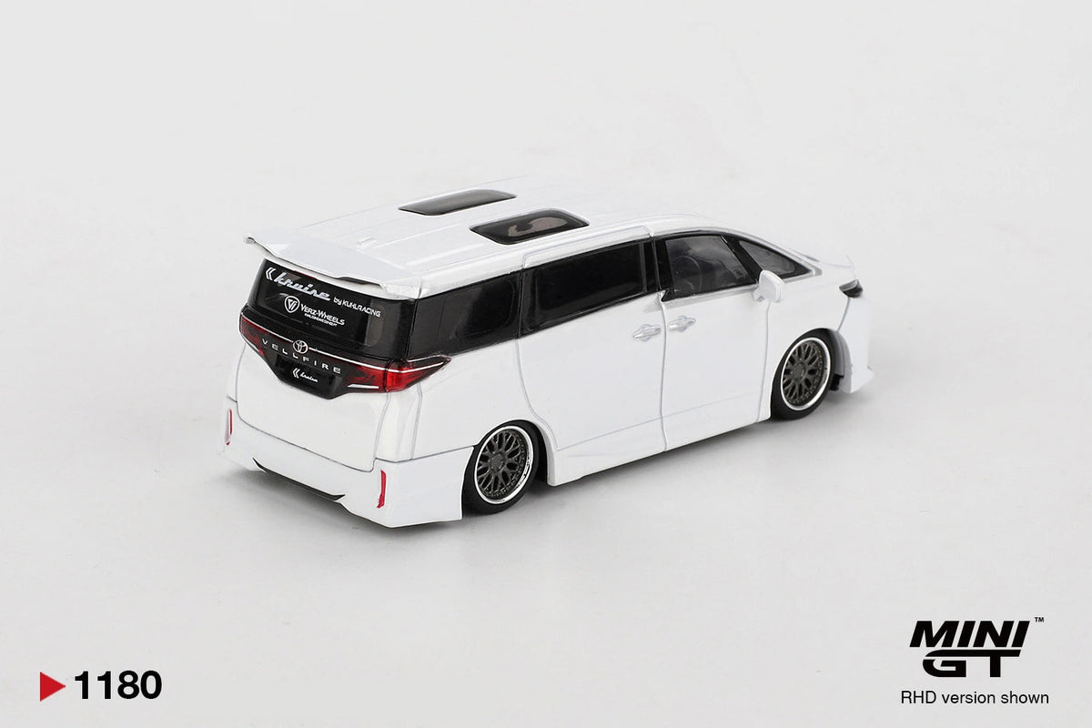 Rear three-quarter view of Mini GT Toyota Vellfire 40 KUHL White RHD showing the rear spoiler, Vellfire badging, KUHL rear window graphics and custom wheels.