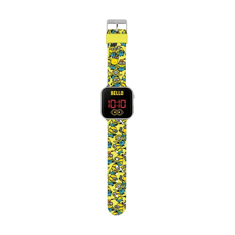 Minions LED watch with red digital display, square silver casing and yellow printed silicone strap in Ireland.