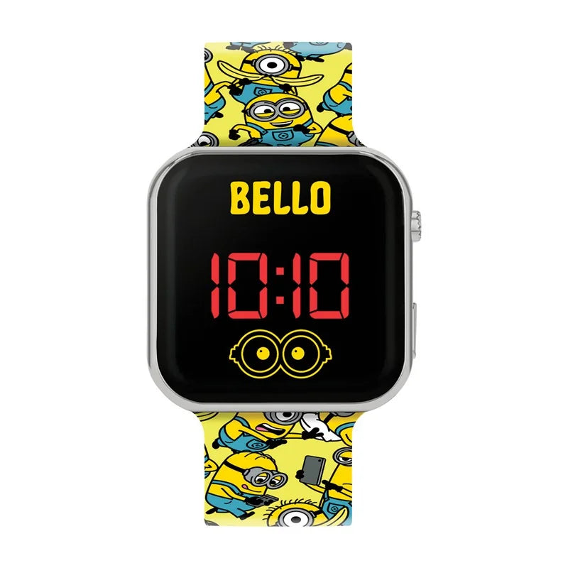 Close-up of Minions LED watch face with cheerful Minion graphics and clear red digital time display in Ireland.