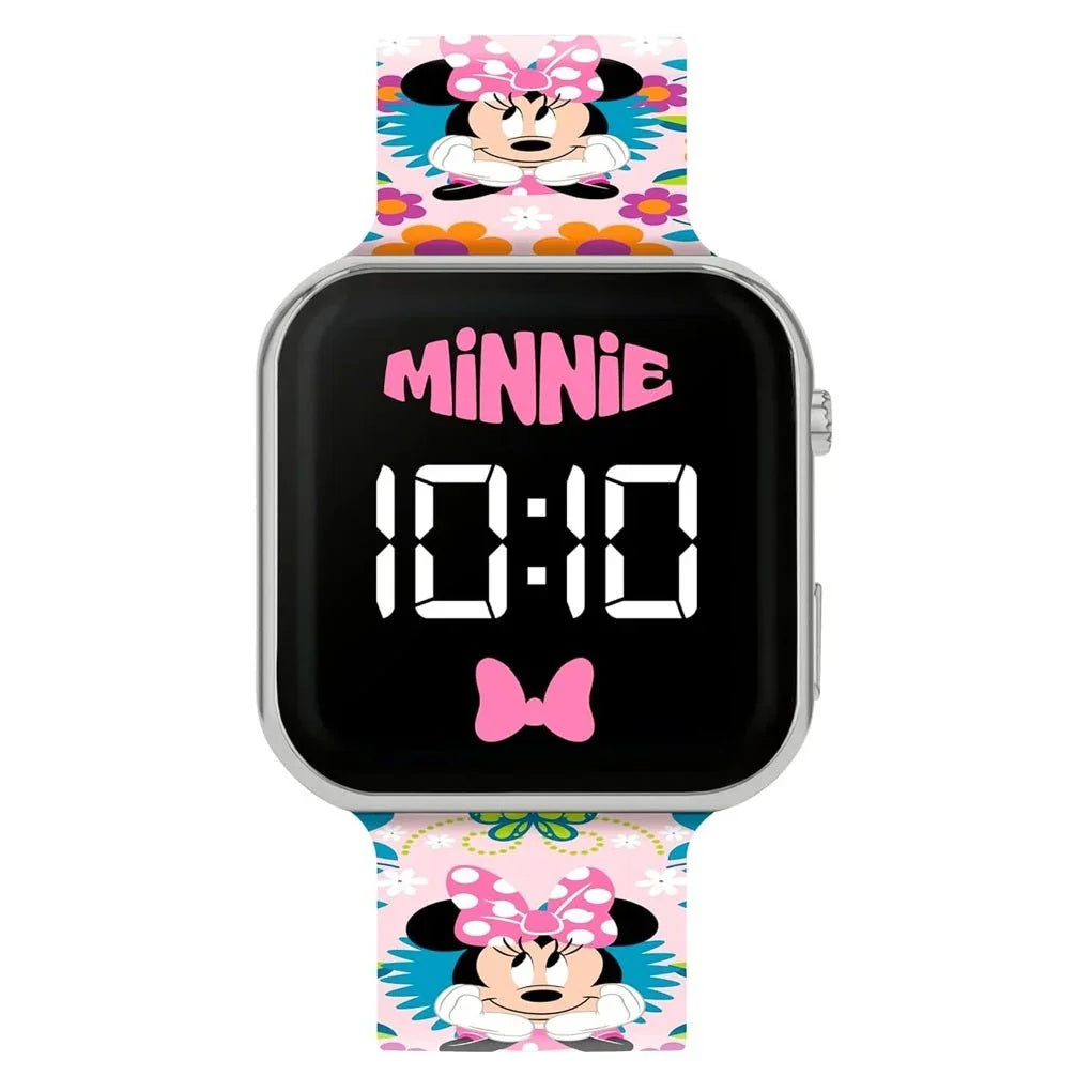 Close-up of Minnie Mouse LED watch face with digital display and bow Ireland.