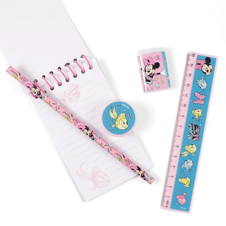 Minnie Mouse stationery set with the spiral notebook open beside the pencil, ruler, eraser and sharpener