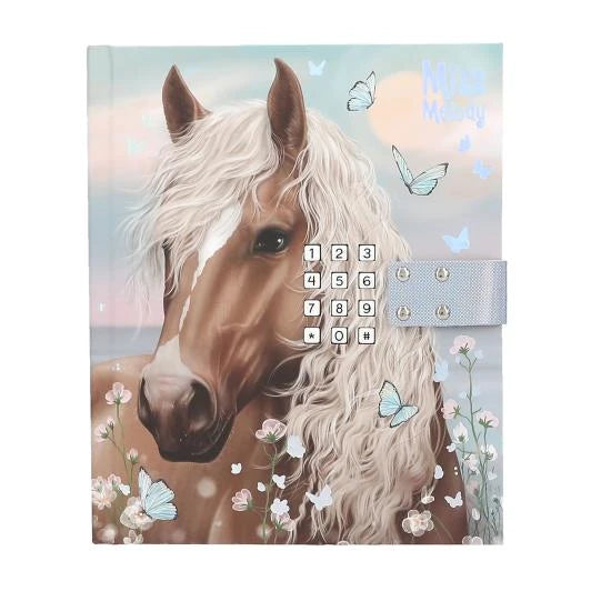 Miss Melody diary front cover with a brown horse, butterflies, flowers, number keypad and pale blue clasp.