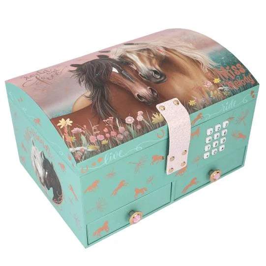 Miss Melody Jewellery Box closed showing curved lid with horse artwork, keypad lock and pink strap detail in Ireland.