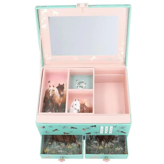 Miss Melody Jewellery Box open with mirror, compartments, pink interior and two lower storage drawers in Ireland.