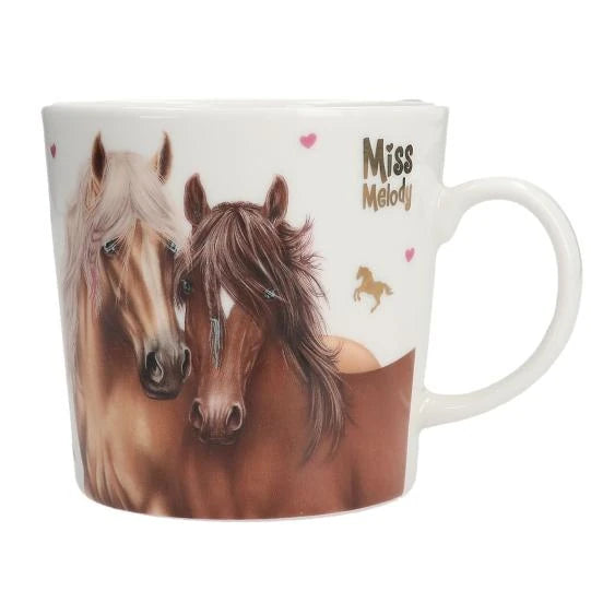 Miss Melody mug front view with two horses and small heart details