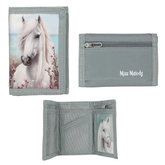 Grey Miss Melody purse with a white horse on the front, a zipped back pocket and visible inner compartments.