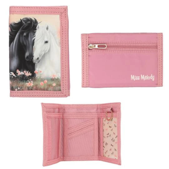 Pink Miss Melody purse with black and white horses on the front, a zipped back pocket and visible inner compartments.