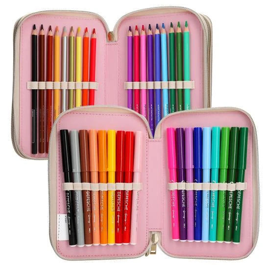 Two open sections of the pink Miss Melody pencil case with coloured pencils and felt tip pens arranged by colour.