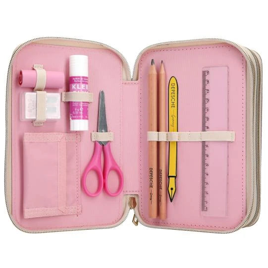 Open section of the pink Miss Melody pencil case showing a glue stick, sharpener, eraser, scissors, two pencils, a pen and a clear ruler.