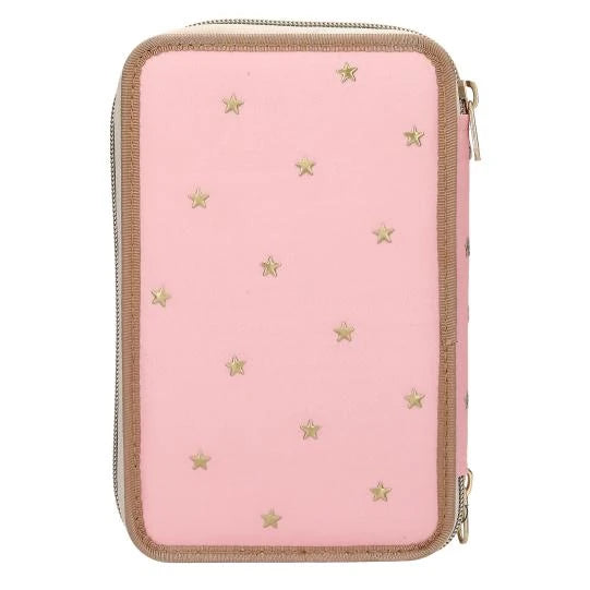 Back of the pink Miss Melody triple pencil case with scattered gold stars and brown edging.
