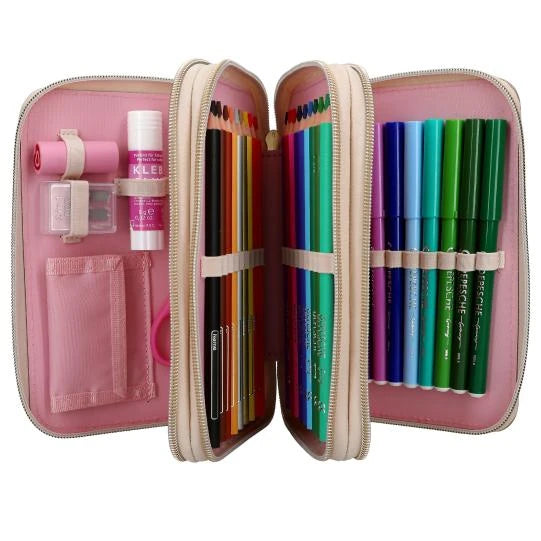 Miss Melody triple pencil case fully open with stationery pockets, coloured pencils and felt tip pens across three zipped sections.