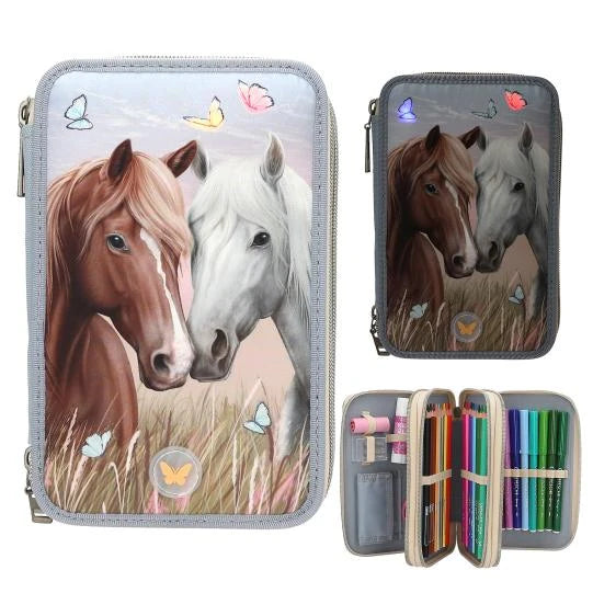 Miss Melody triple pencil case LED with horse design, shown closed with open inset and light up front view