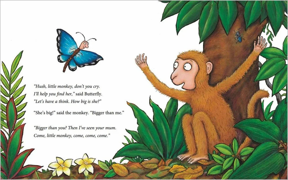 Scene of butterfly helping Little Monkey find his mum in Monkey Puzzle book in Ireland