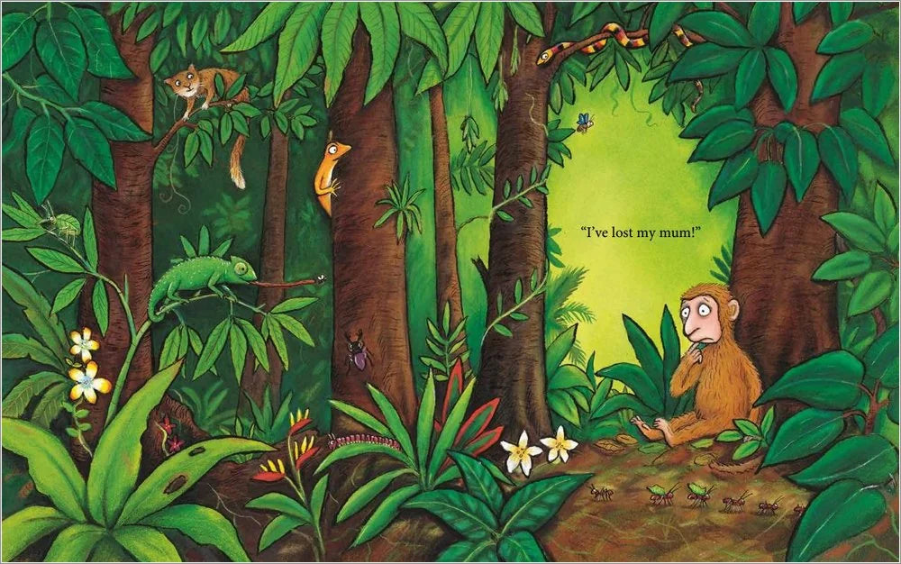 Illustration of Little Monkey lost in the jungle from Monkey Puzzle children’s story in Ireland