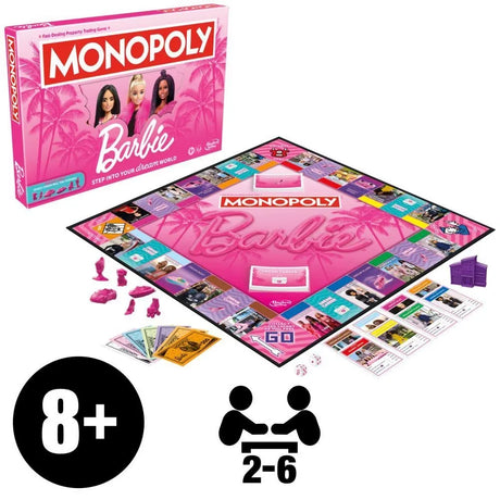 Monopoly Barbie Edition board game setup with board and tokens Ireland