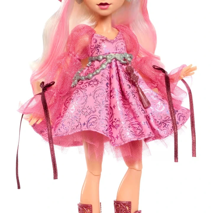 Monster High Moonspell Magic Carina Song pink patterned dress with silver belt and ribbon sleeves