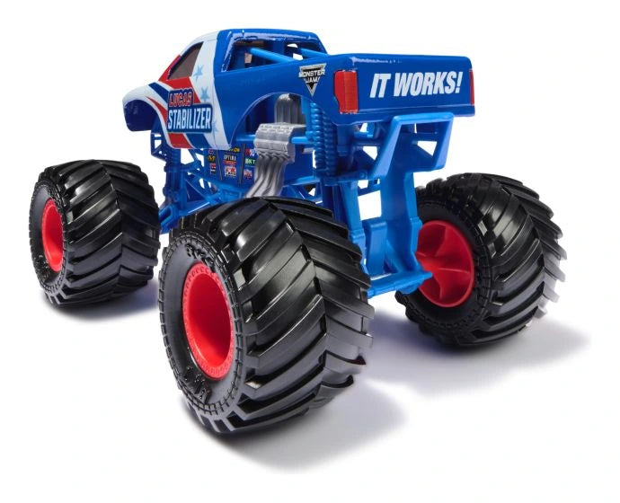 Blue, white and red Monster Jam Lucas Stabilizer truck shown from the rear and side