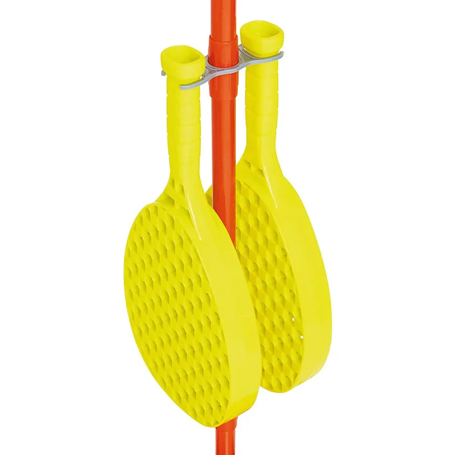 Two yellow Mookie Swingball bats clipped to the orange centre pole