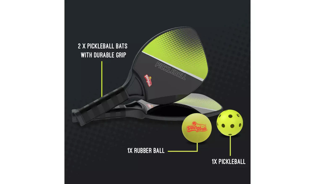 Mookie Pickleball Bat and Ball Set with labelled bats, rubber ball and pickleball on black graphic