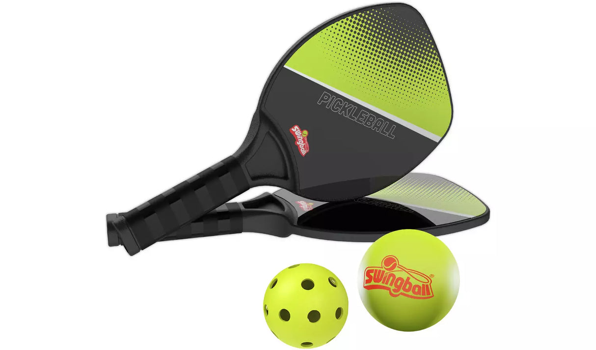 Mookie Pickleball Bat and Ball Set with two black and green bats, pickleball and rubber ball