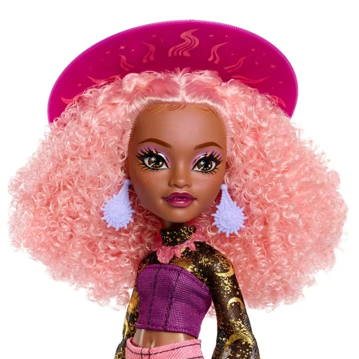 Moonspell Magic Rae Lumina close view with pink curly hair, purple sun hat and blue earrings
