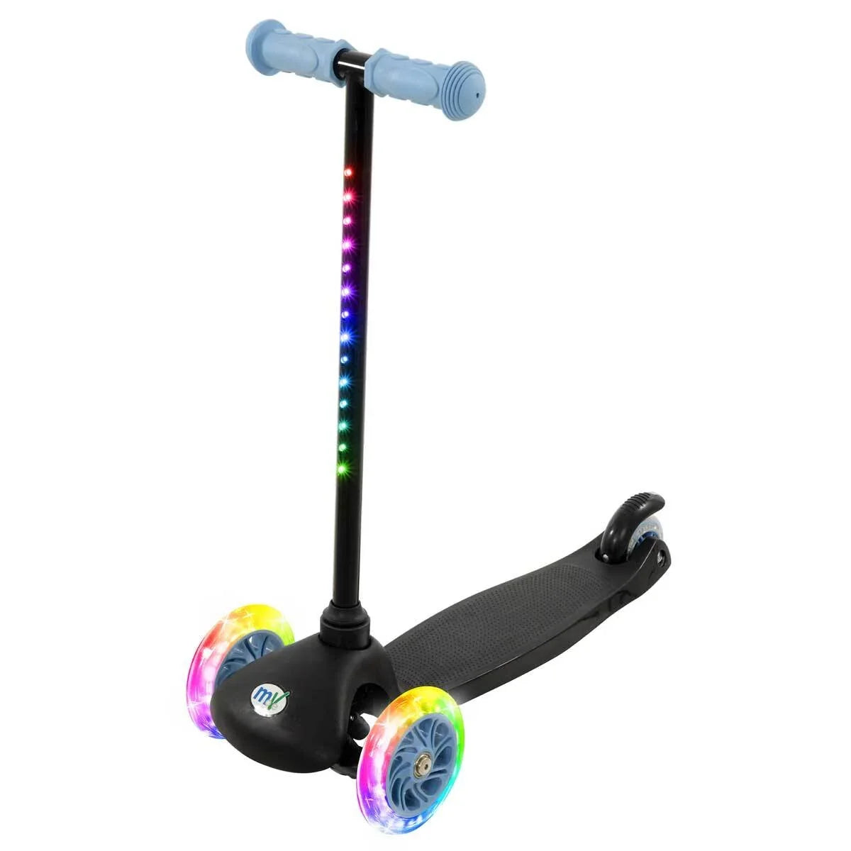 Tilt scooter with blue accents shown upright with lit stem lights and wide footplate