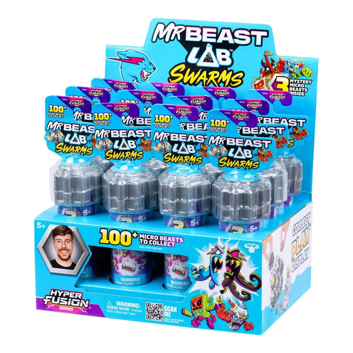Mr Beast Lab Swarms Test Tube 3 Pack retail display box showing multiple packs and 100 plus micro beasts to collect